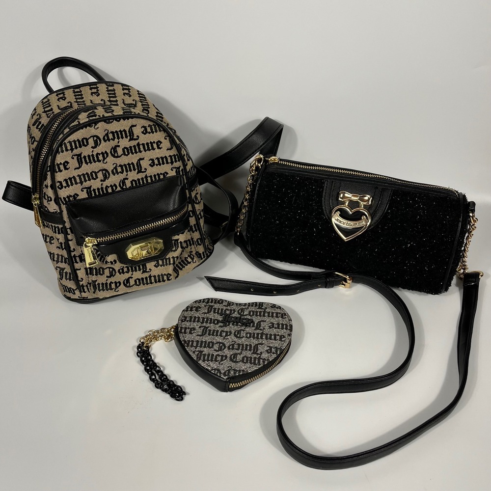 3 Juicy Couture Bags Mini Backpack Crossbody Heart Coin Purse Black Lot 3‎ NWOT